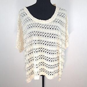 Sanctuary Cream Open Knit Lightweight Boxy Oversize Scoop Neck Short Sleeve Top